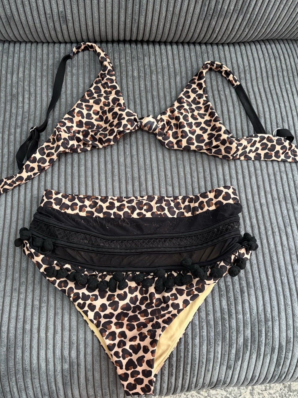 Tularosa Leopard Print Bikini with Black Trim and Pom-Poms